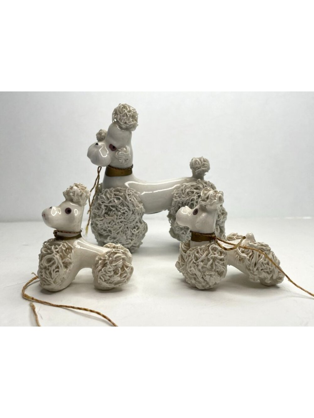 VTG Victoria Ceramics Spaghetti Poodle Trio Set Japan MCM Figurines White Gold
